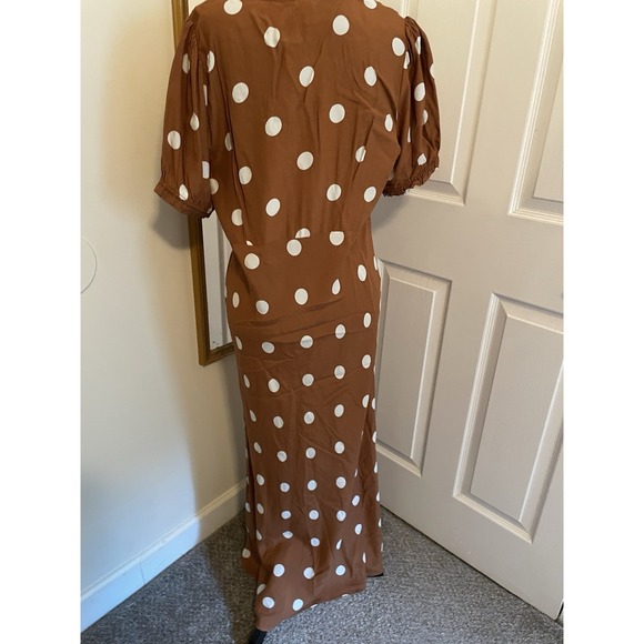 A New Day Women's Maxi Dress Brown Size Large Polka Dots plunge V-Neck Peasant - Picture 3 of 10
